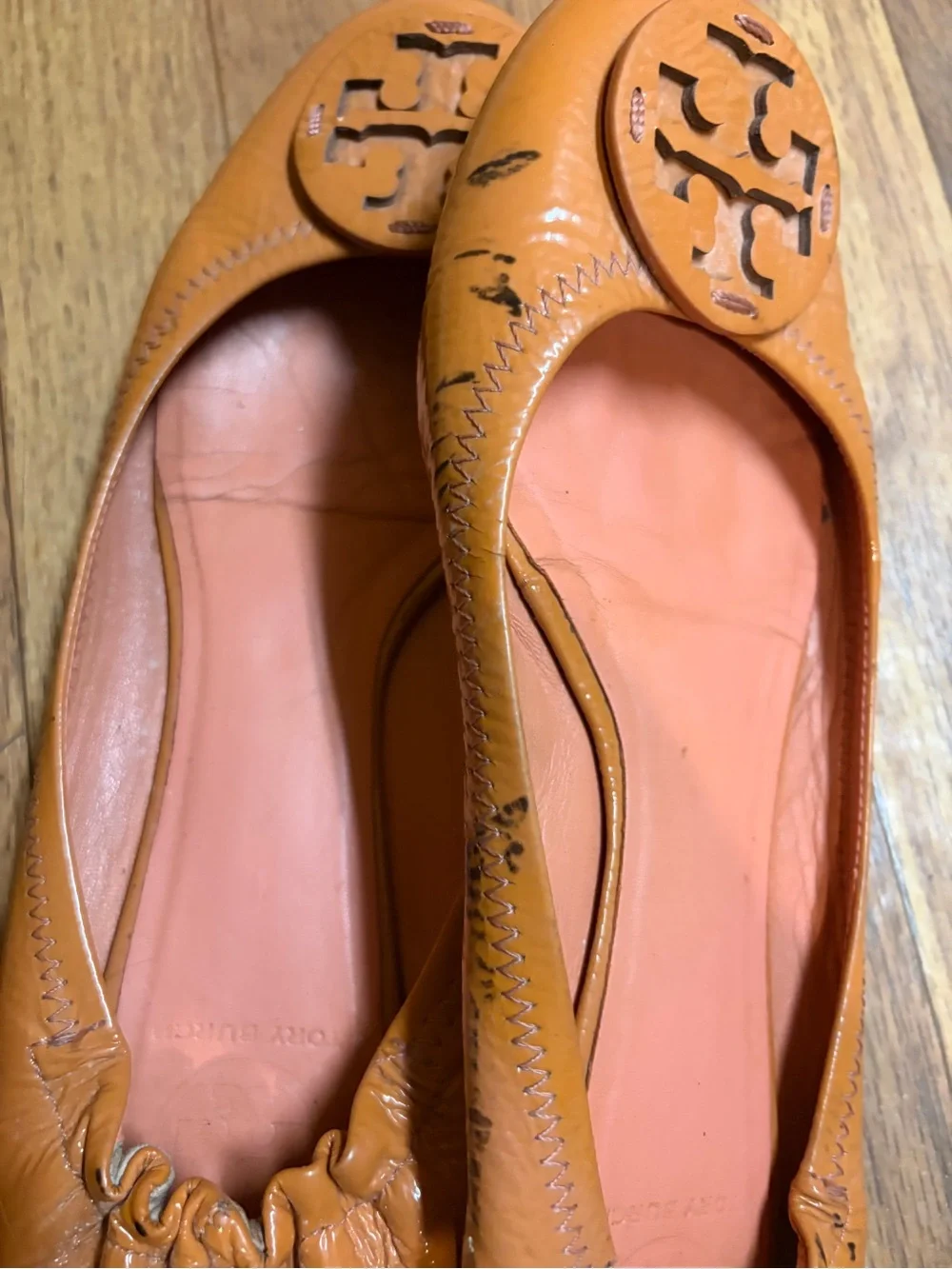 Tory Burch Caramel Leather Logo Ballet Flats